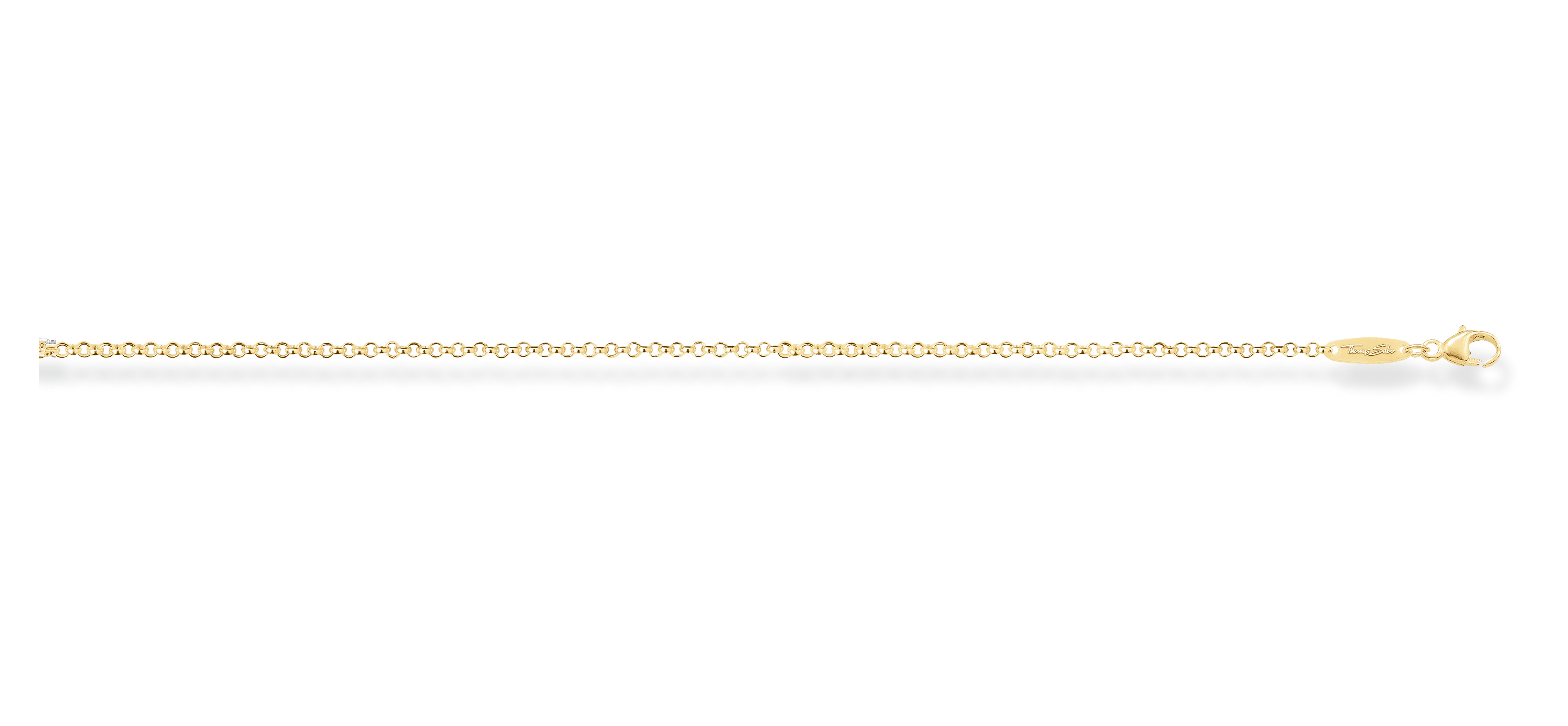 Eine filigrane, goldene Kette mit runden Gliedern und einem kleinen Anhänger mit Schriftzug.