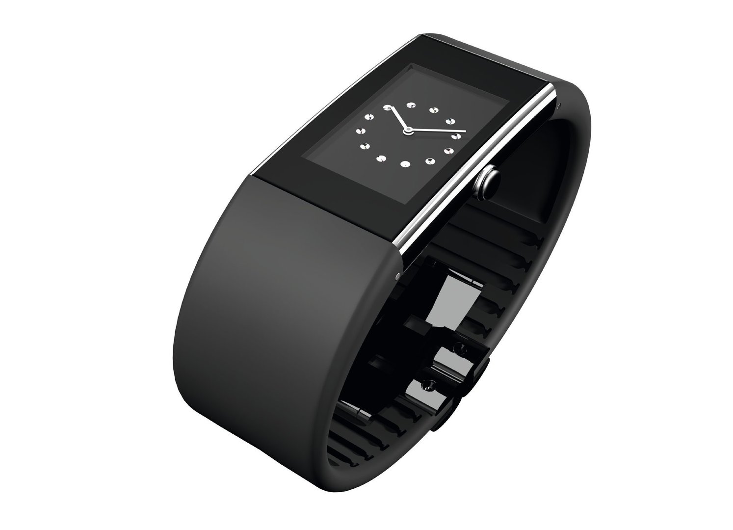 Moderne schwarze Damenuhr, die Rosendahl Watch II, mit einem rechteckigen Zifferblatt und einem breiten Armband.