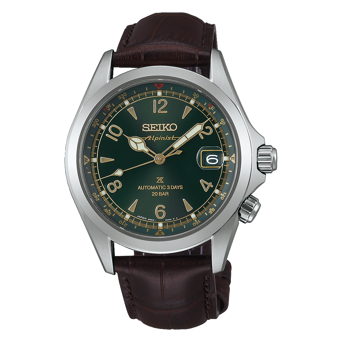 Seiko Prospex Automatik Uhr mit einem markanten grünen Zifferblatt und einem dunkelbraunen Lederarmband.
