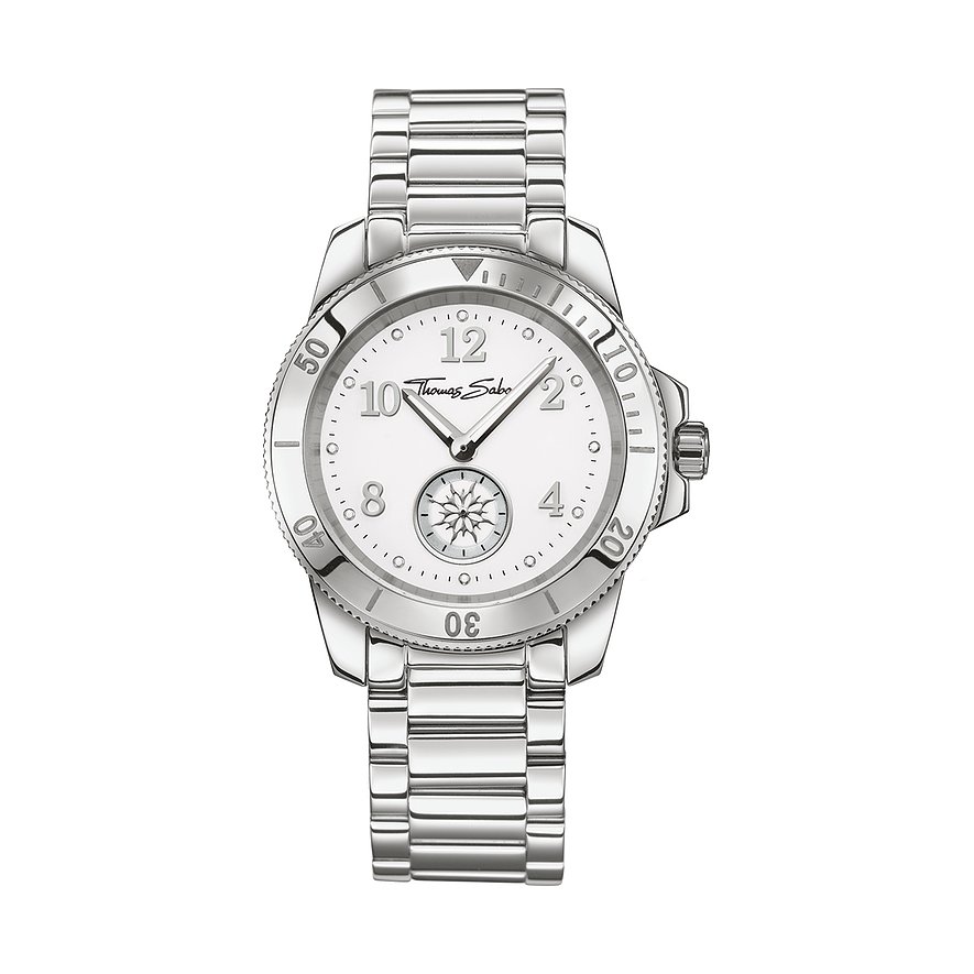 Eine silberfarbene Thomas Sabo Uhr mit einem weißen Zifferblatt und silbernem Armband.