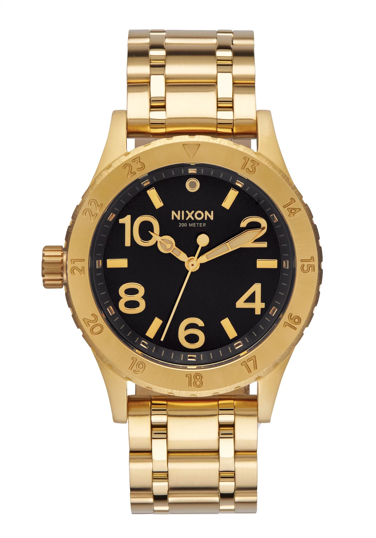 Goldene Nixon Uhr The 38-20 All Gold/Black Sunray mit schwarzem Sunray-Zifferblatt und markantem Armband.