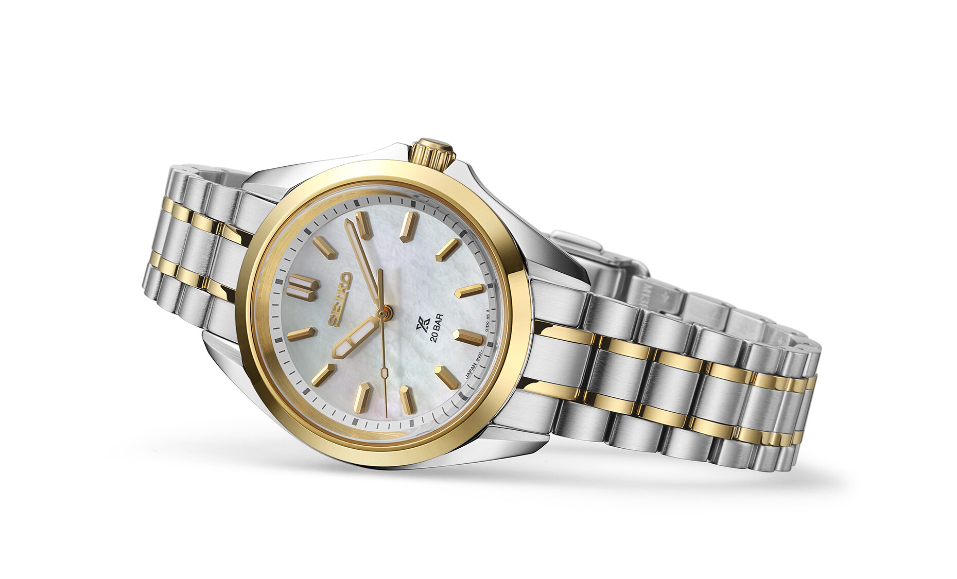 Eine elegante silber-goldene Armbanduhr mit Perlmutt-Zifferblatt und goldenen Zeigern und Indizes.