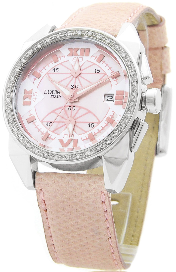 Die Locman Crazy Horse Diamond Damenuhr mit einem zarten rosa Zifferblatt und einem dazu passenden rosa Armband, umgeben von funkelnden Ziersteinen.