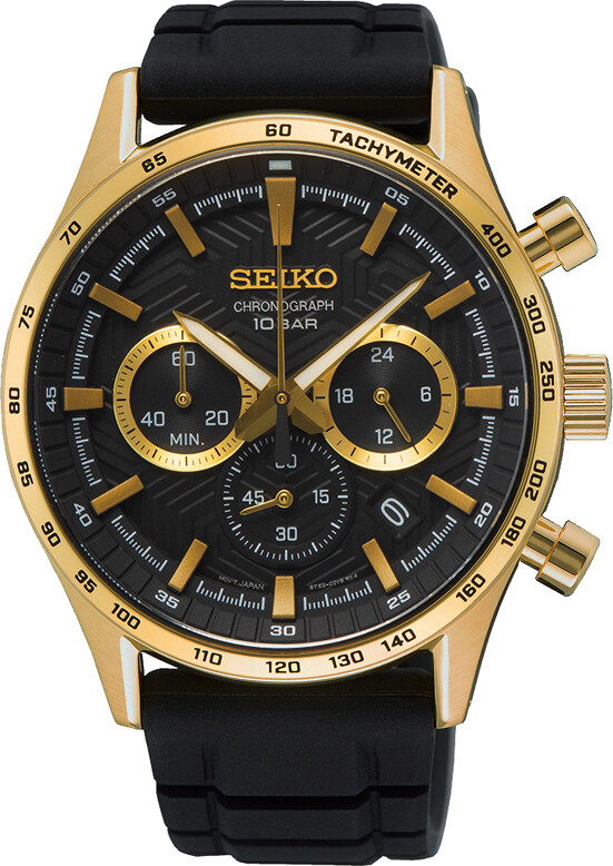 Goldfarbene Seiko Herrenuhr mit schwarzem Zifferblatt und goldenen Zeigern und Markierungen, ausgestattet mit Chronographen-Funktion.