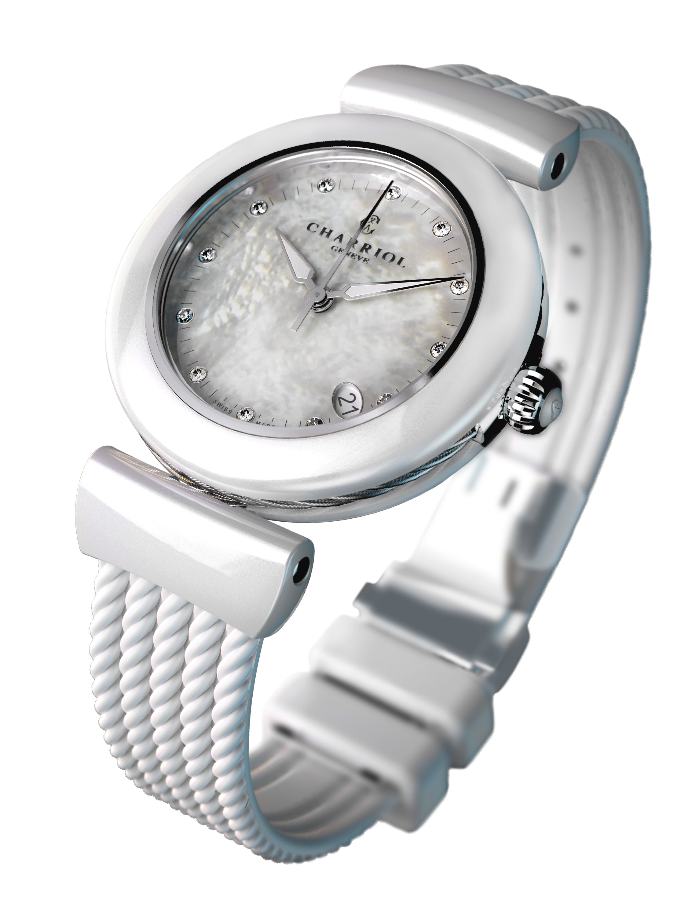 Eine weiße Damenuhr mit Perlmuttzifferblatt, Diamanten und einem geflochtenen Armband.
