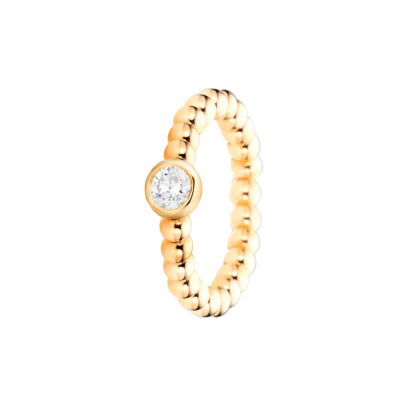 Der Capolavoro flexibler Ring "Classico" 750 GG ist ein goldfarbener, flexibler Ring mit einer Perlenstruktur und einem einzelnen, glänzenden Stein in der Mitte.