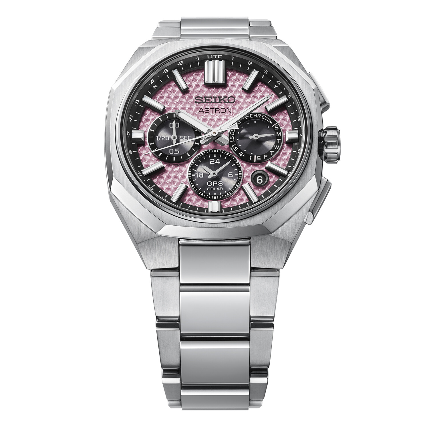 Eine silberne Armbanduhr mit einem rosa Muster auf dem Zifferblatt und schwarzen Hilfszifferblättern.