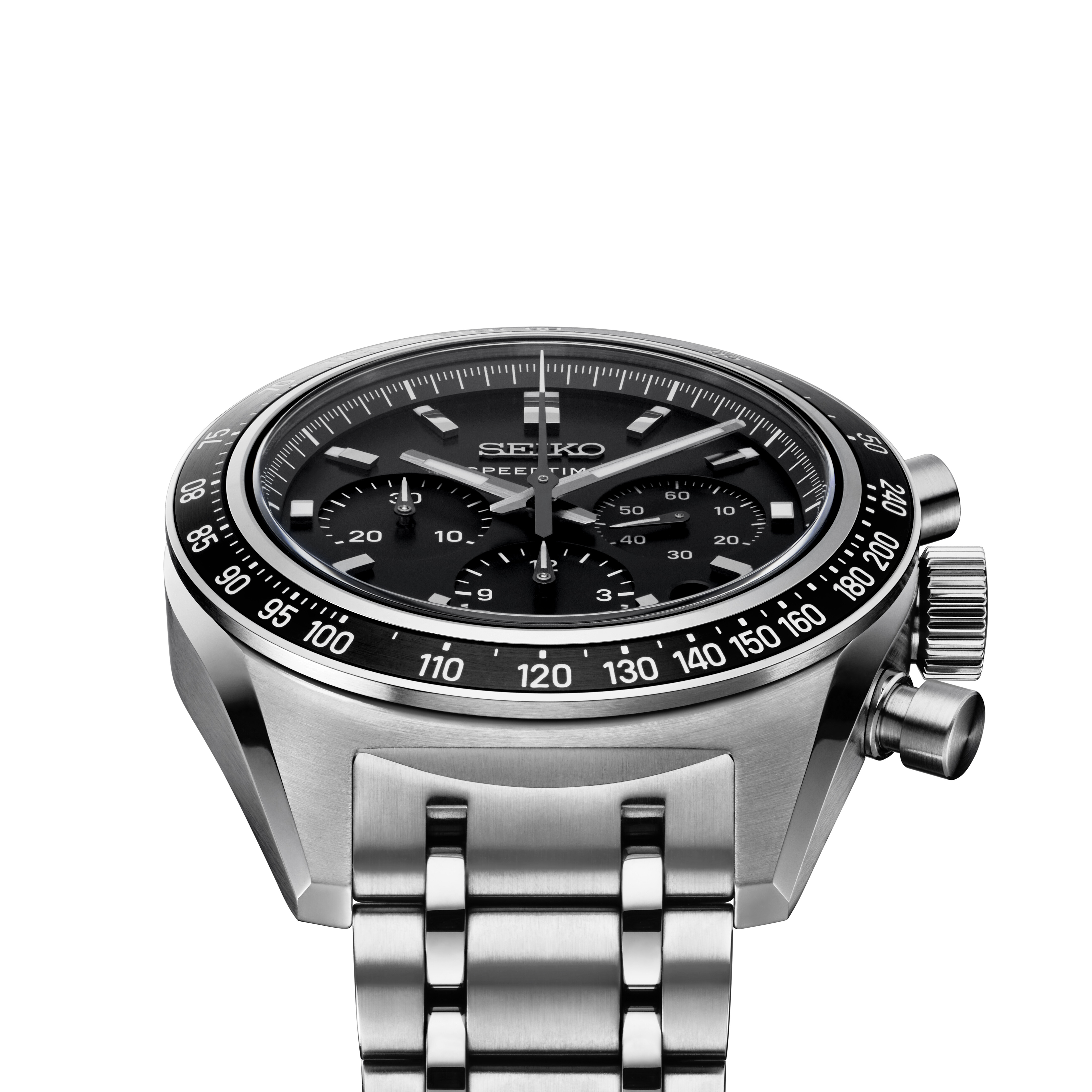 Eine nahaufnahme einer schwarzen Herrenuhr mit silbernen Akzenten und einem Armband.