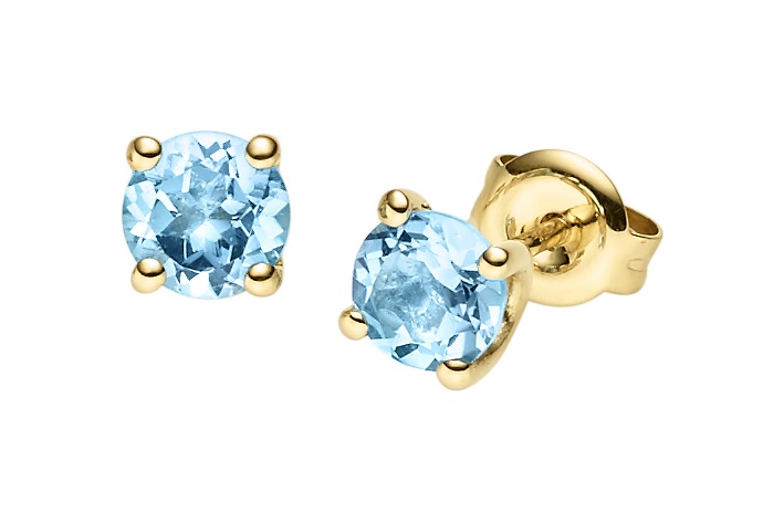Funkelnde, runde Ohrstecker mit blauen Topasen und goldenen Fassungen, die stilvollen Schmuck darstellen.