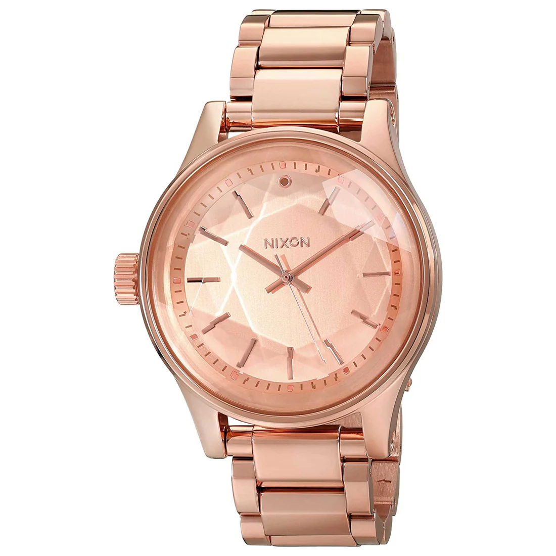 Die Nixon The Facet All Rosé Gold ist eine Damenuhr mit einem roségoldfarbenen Armband und einem auffälligen, facettierten Zifferblatt.