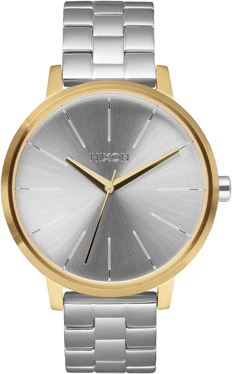 Eine elegante Armbanduhr mit bicolor Gold und Silber Armband, silbernem Zifferblatt und goldenen Zeigern.