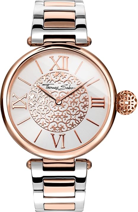 Thomas Sabo DAU Karma Uhr mit weißem Zifferblatt, roségoldenem Rand und silber-roségoldenem Gliederarmband.
