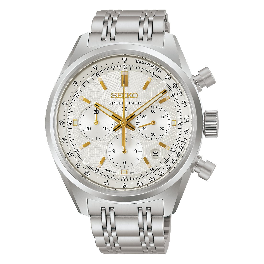 Die Seiko Prospex Speedtimer Limited Edition Uhr hat ein weißes Zifferblatt mit goldener Musterung und goldenen Zeigern sowie ein silbernes Armband.