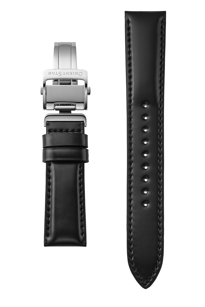 Ein schwarzes Lederarmband mit einer silbernen Schließe und gestickten Details für eine Uhr.