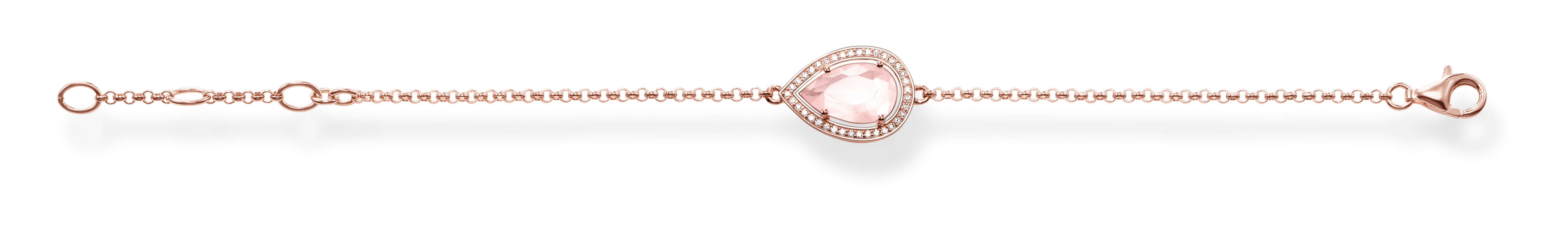 Ein roségoldenes Armband mit einem großen, tropfenförmigen hellrosa Stein, umrandet von kleinen Kristallen und einer feinen Kugelkettenverbindung.