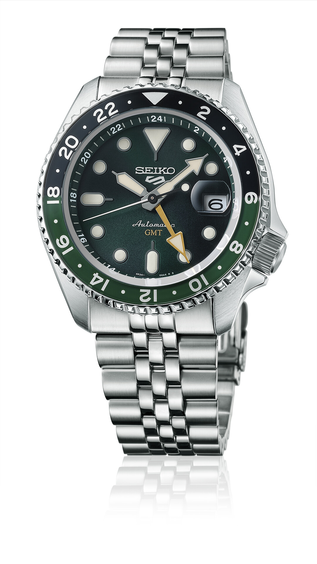 Eine silberne Armbanduhr mit einem dunkelgrünen Zifferblatt und einem silbernen Armband.