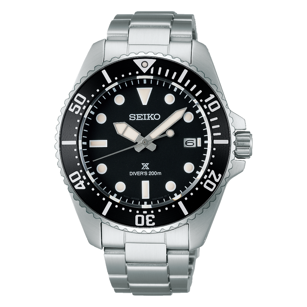 Herrenarmbanduhr Seiko Prospex Solar mit schwarzem Zifferblatt und silbernem Armband.