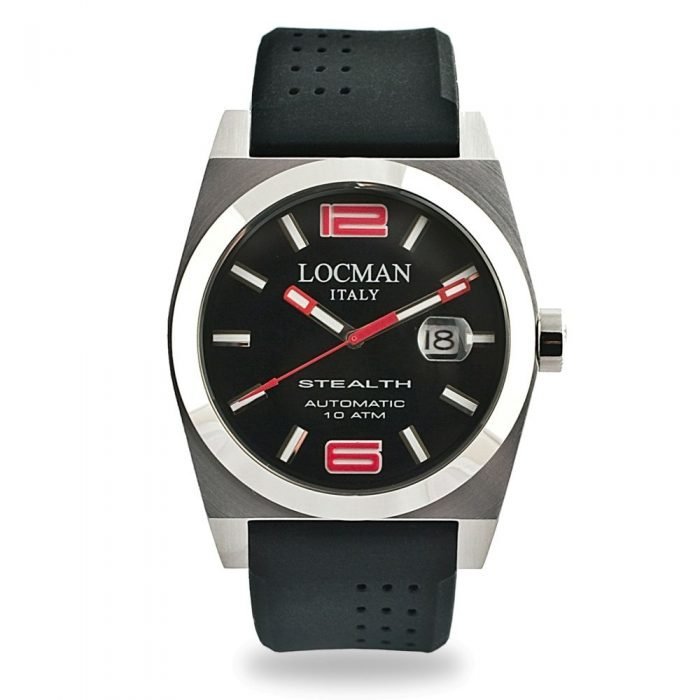 Locman Stealth Automatik Uhr mit schwarzem Zifferblatt, roten Zeigern und einem schwarzen Armband.