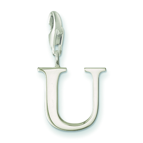 Ein silbernes Charm in Form des Buchstabens U mit einem Karabinerverschluss.