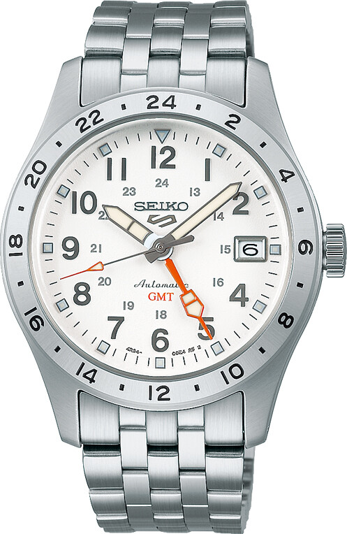Ein silbernes Herrenarmbanduhr mit weißem Zifferblatt und orangefarbenem Zeiger.