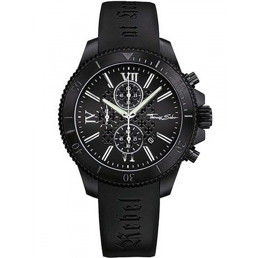 Der Thomas Sabo Black Rebel at Heart Chronograph ist ein stilvolles schwarzes Armbanduhr mit silbernen Zeigern und römischen Ziffern auf dem Zifferblatt.