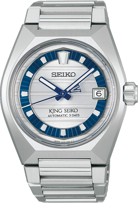 Die Seiko King Seiko Limited Edition ist eine Herrenuhr mit silbernem Zifferblatt und einem auffälligen blauen Akzentring um die Indizes.
