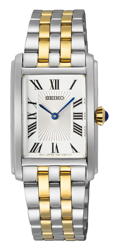 Rechteckige Seiko Damenuhr mit bicolor Gliederarmband und weißem Zifferblatt mit römischen Ziffern.