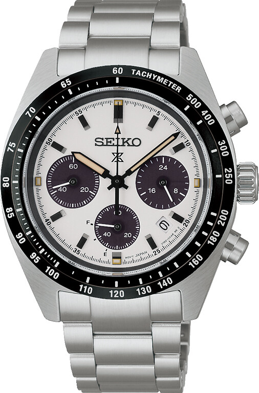Der Seiko Prospex Speedtimer ist ein silberfarbener Chronograph mit weißem Zifferblatt, drei dunkelblauen Hilfszifferblättern und einer Tachymeterskala.