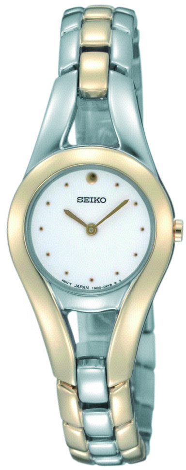 Eine elegante Damen-Seiko Uhr mit einem bicolor Metallarmband und einem runden, weißen Zifferblatt.