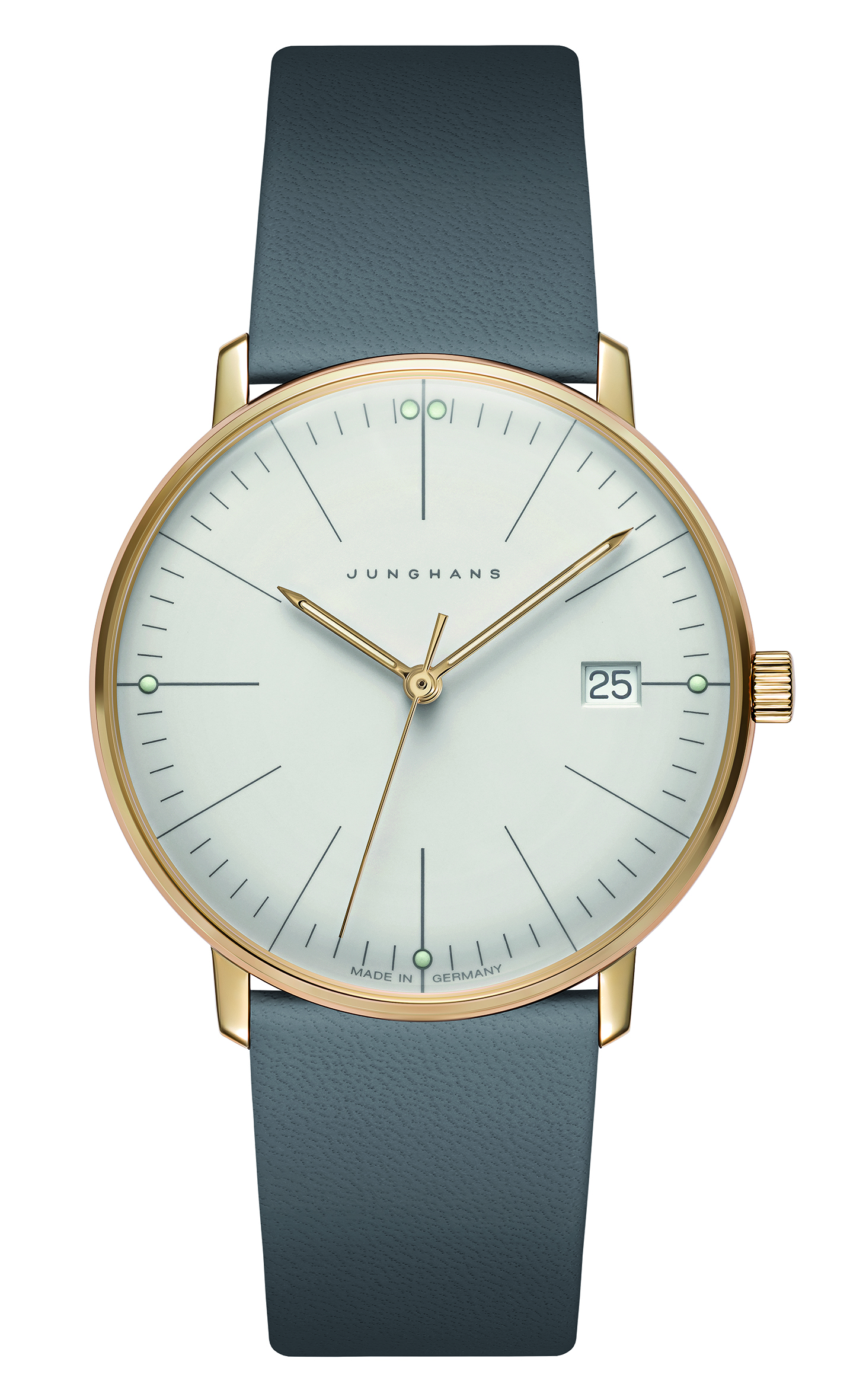 Elegante Junghans Max Bill Damen Armbanduhr mit weißem Zifferblatt und grauem Armband.
