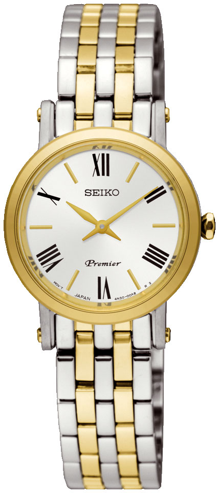 Die Seiko Premier Damenuhr zeigt ein weißes Zifferblatt mit römischen Ziffern und goldenen Zeigern, umgeben von einem bicolor-Armband in Silber und Gold.