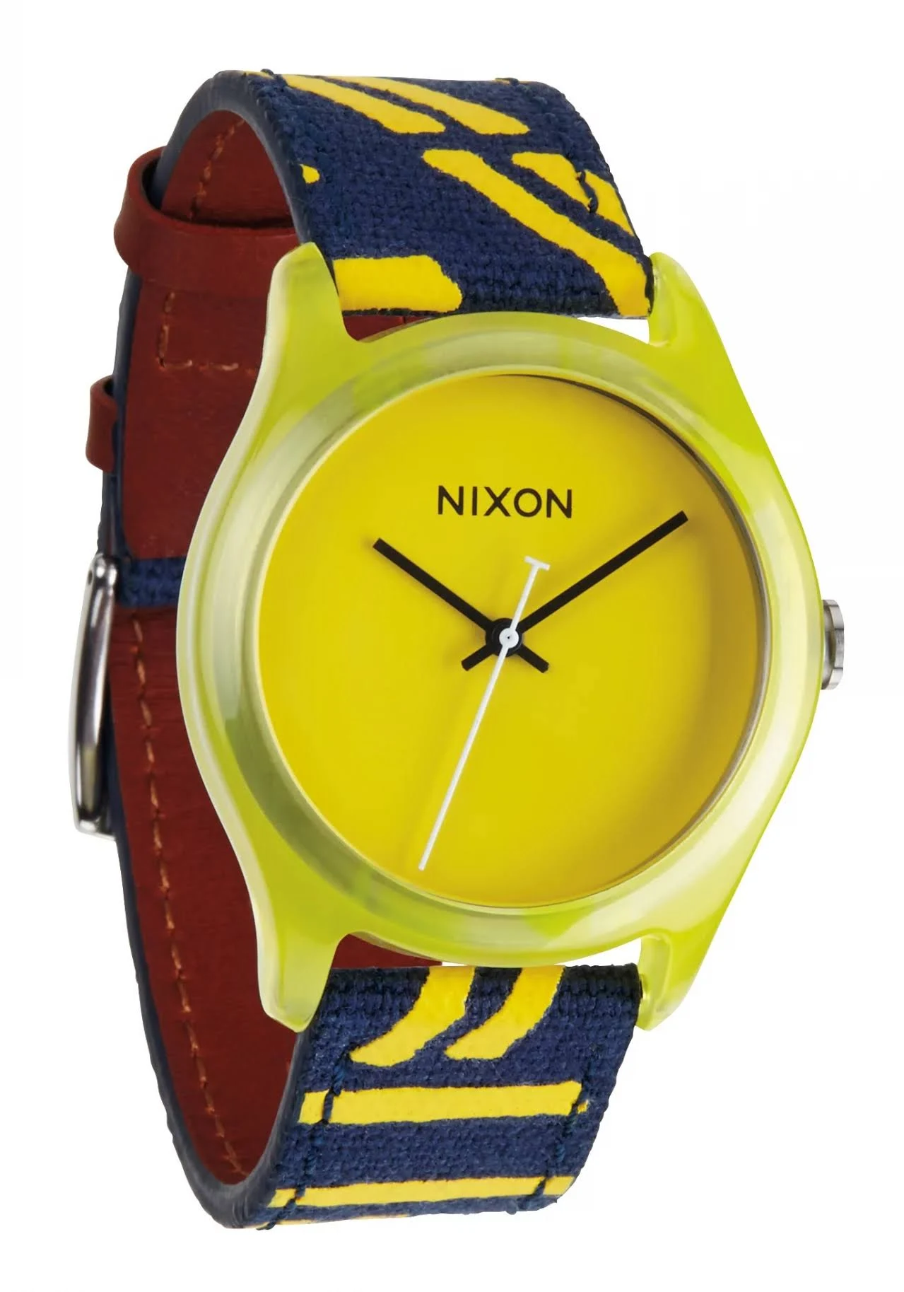 Die Nixon Mod Acetate Yellow Uhr hat ein leuchtend gelbes Zifferblatt und ein blaues Stoffarmband mit gelben Streifen.