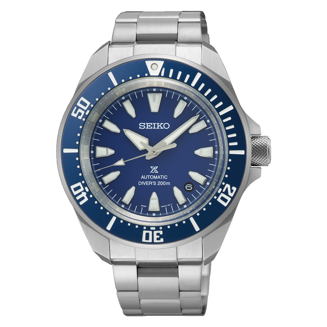 Eine Seiko Prospex Automatik Taucheruhr mit einem runden, tiefblauen Zifferblatt und einem silberfarbenen Armband.