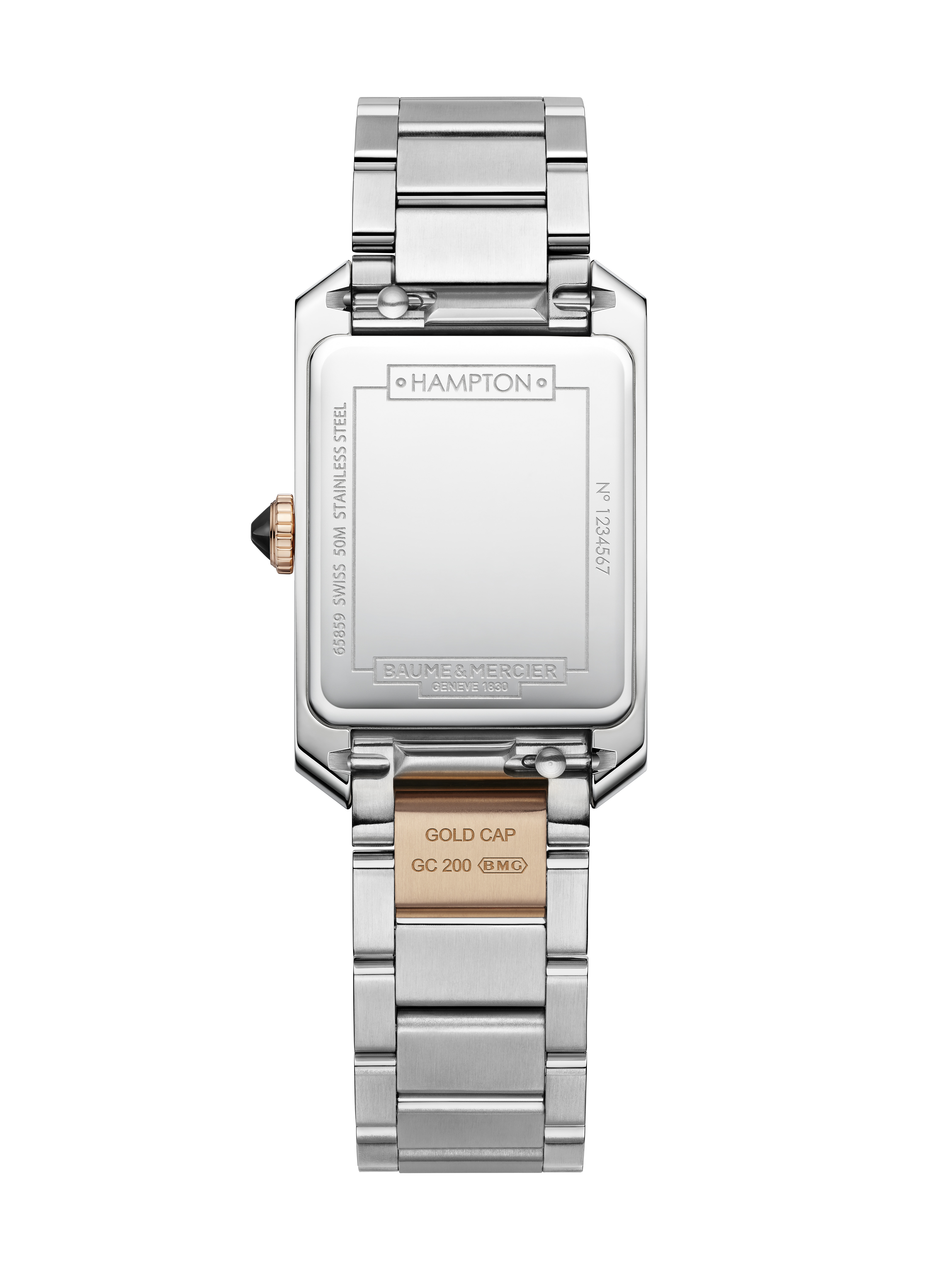 Eine rechteckige, silberne Damenuhr mit silbernem Armband und einem roségoldenen Akzent am Gehäuse. Eine Krone ist ebenfalls vorhanden.
