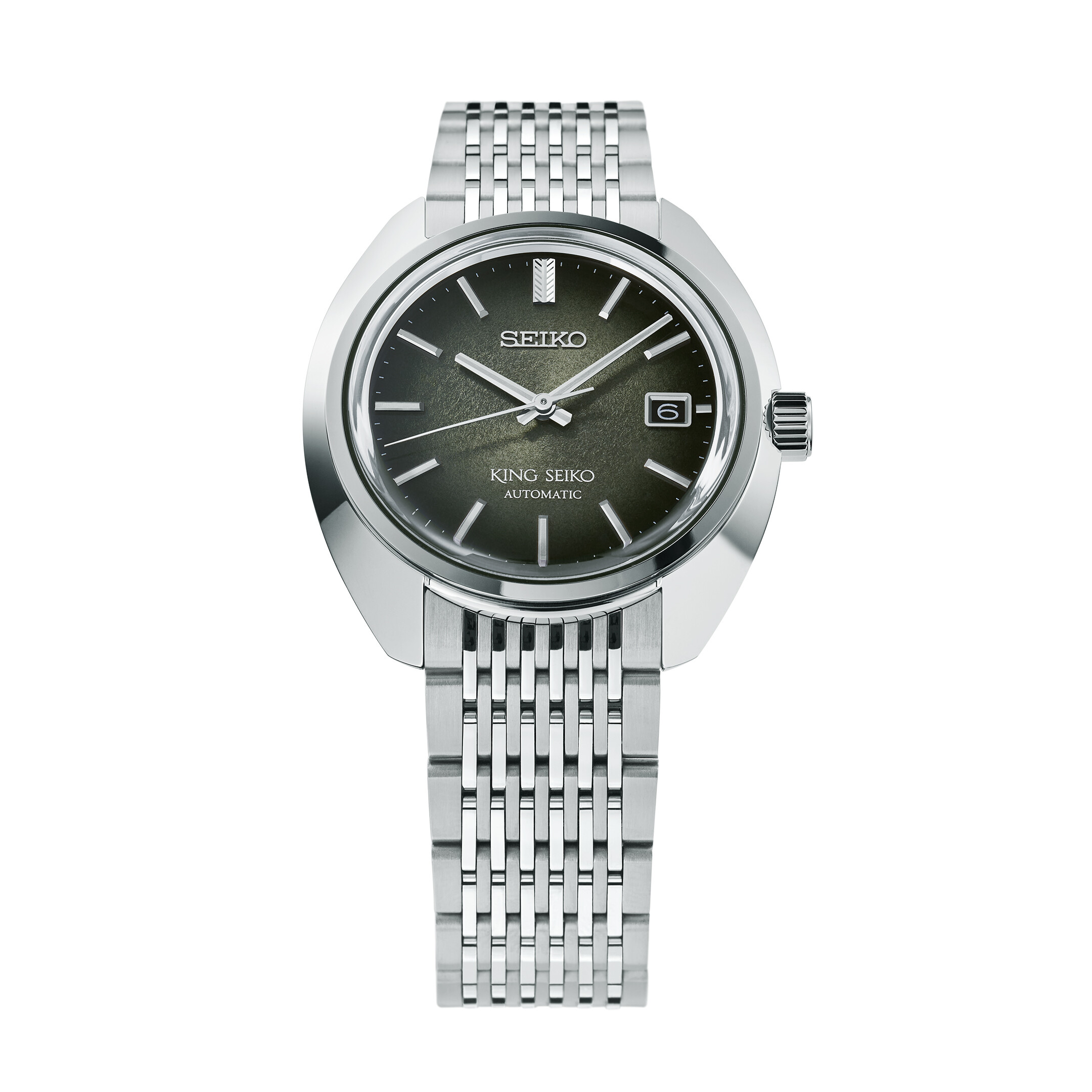 Eine klassische Herrenuhr mit dunkelgrünem Zifferblatt und silbernem Armband.