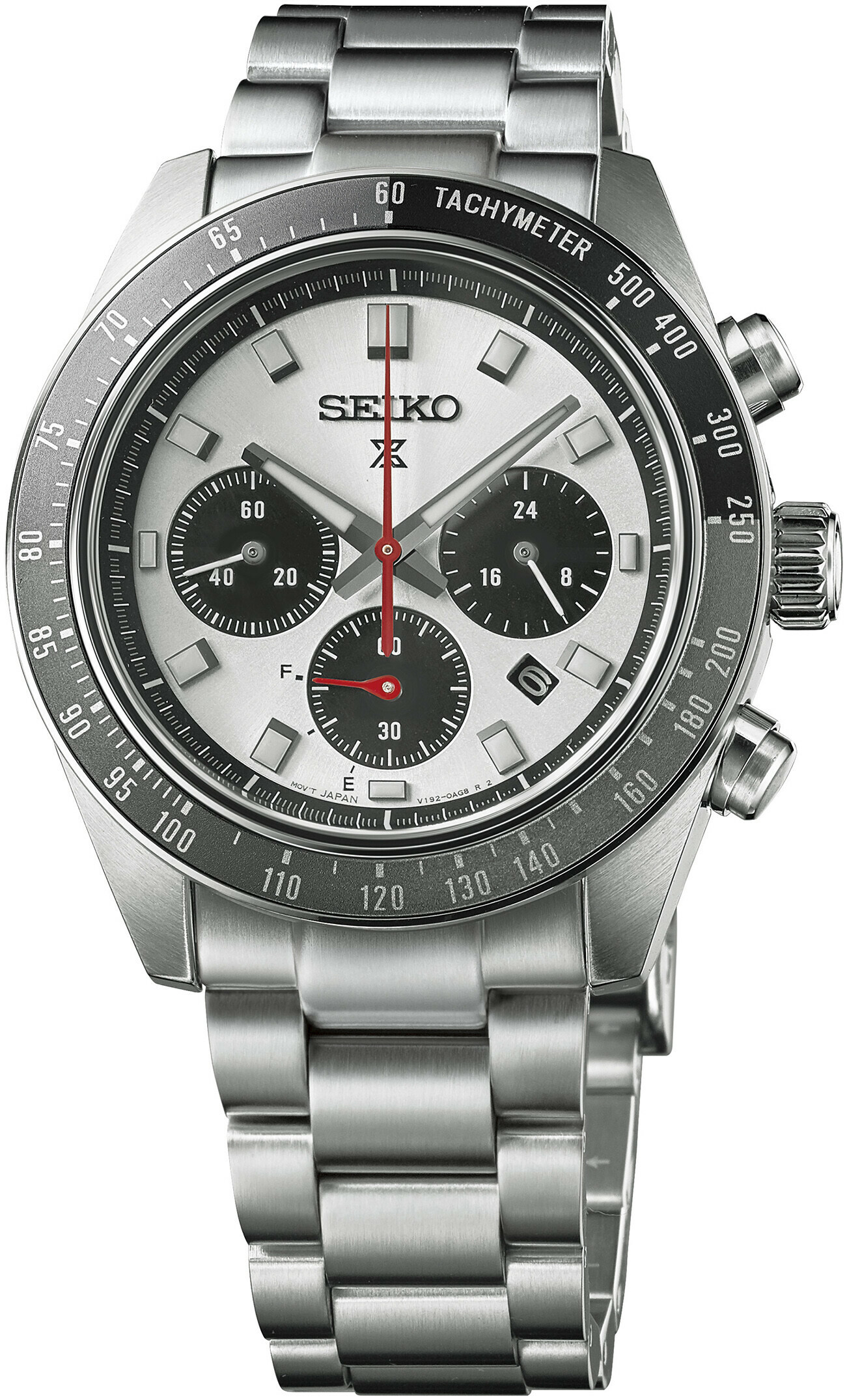 Seiko Prospex Solar Chronograph: Silberne Herrenuhr mit weißem Zifferblatt, drei schwarzen Hilfszifferblättern und rotem Sekundenzeiger.