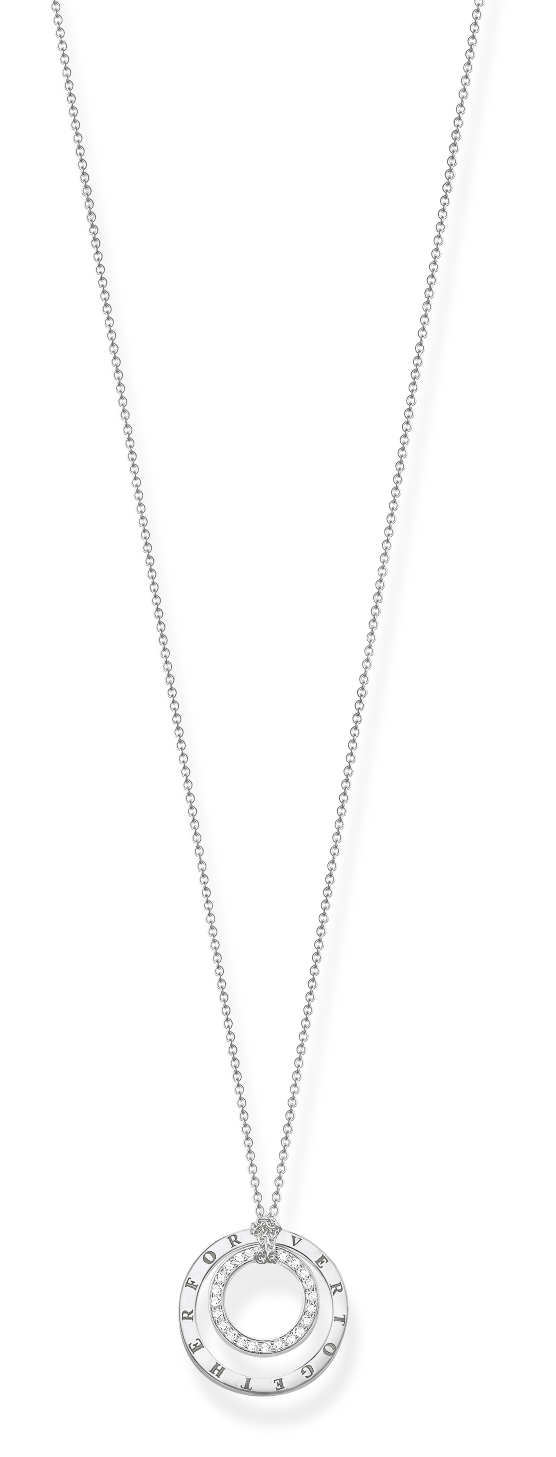 Eine silberne Kette mit zwei ineinanderliegenden Kreisen als Anhänger, besetzt mit kleinen, glitzernden Steinen.
