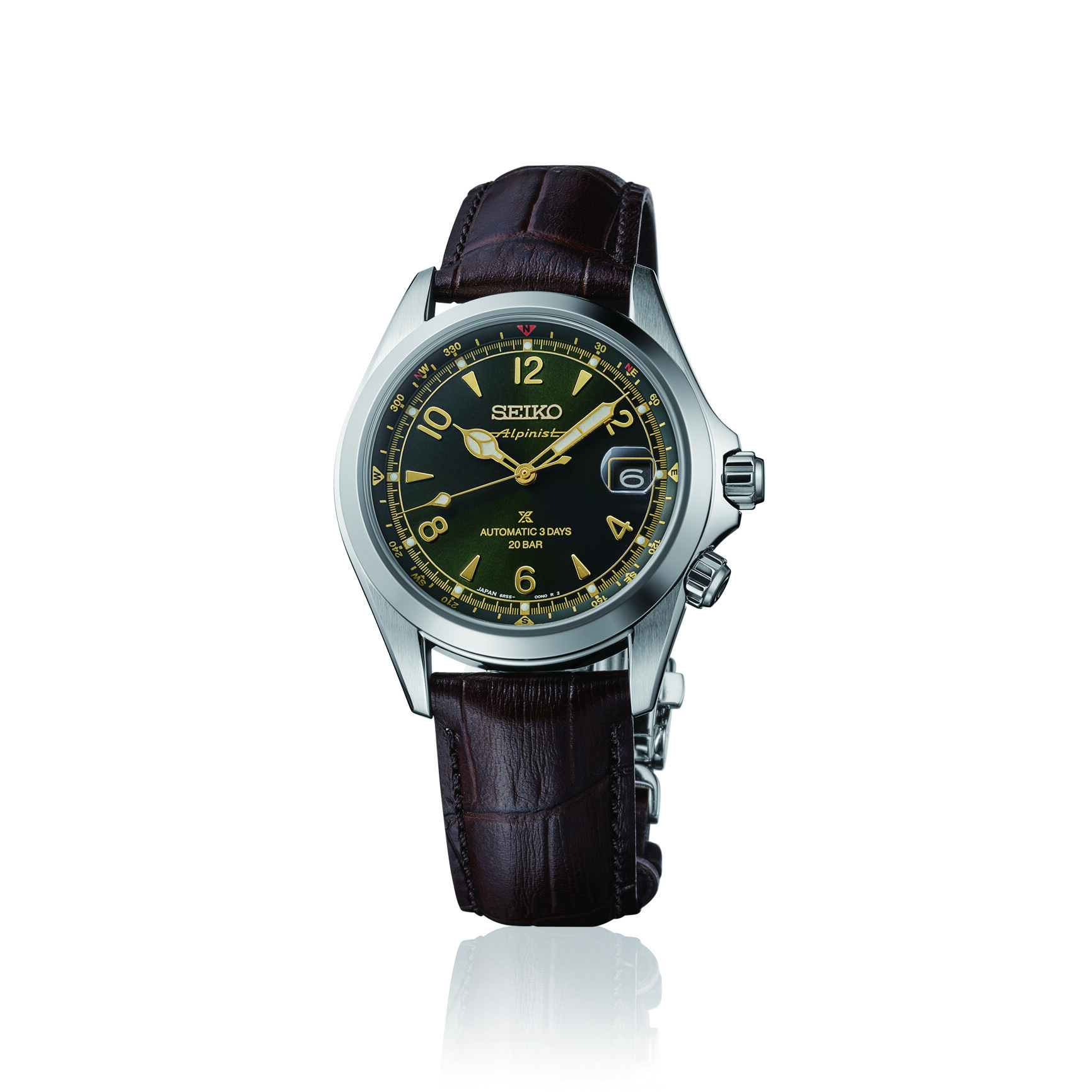 Eine dunkelgrüne Herrenuhr mit braunem Krokolederarmband und goldenen Zeigern.