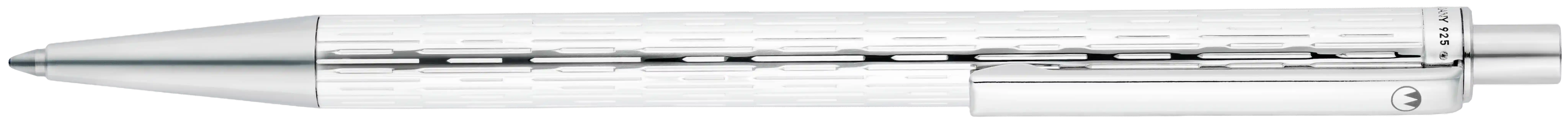 Ein silberner Stift mit einer Riffelung, die wie kleine Rechtecke aussieht, und einer glatten Spitze.