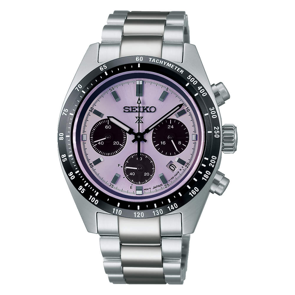 Die Seiko Prospex Solar Limited Edition ist eine Herrenuhr mit einem hellen, violett-schimmernden Zifferblatt und einem Chronographen-Design.