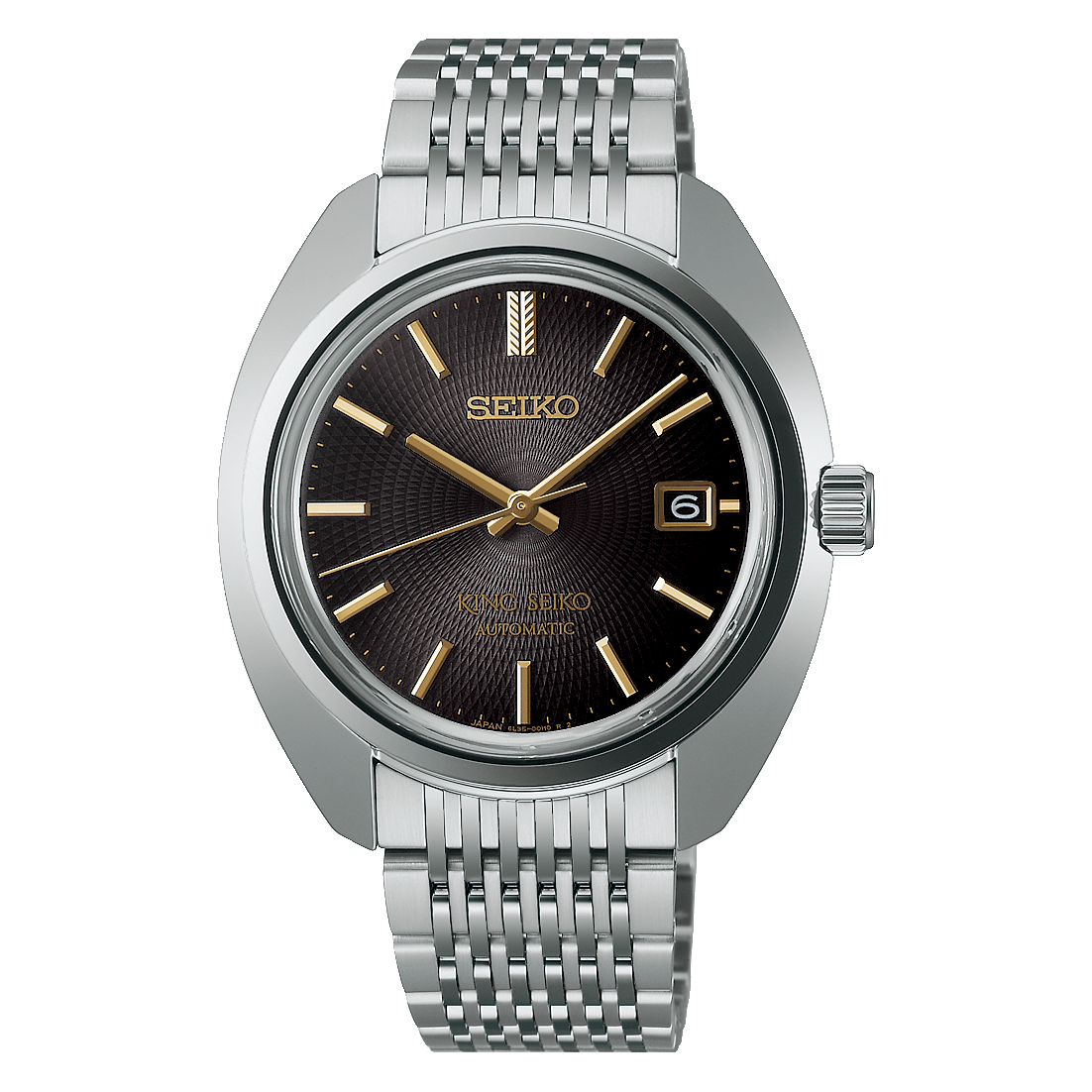 Eine Seiko King Seiko Limited Edition Uhr mit einem dunklen, gemusterten Zifferblatt und goldenen Zeigern und Indizes, ausgestattet mit einem silbernen Armband.