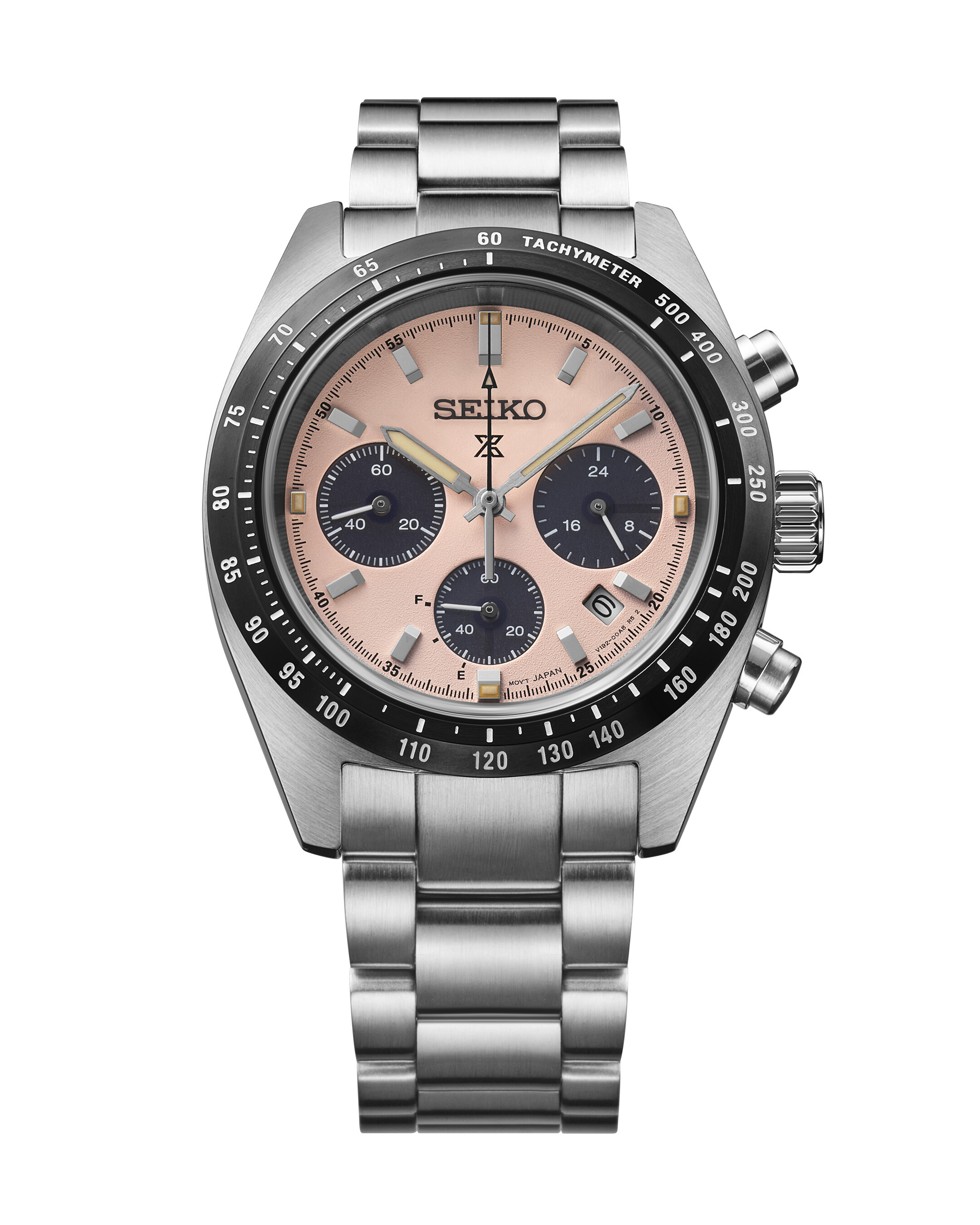 Eine silberne Armbanduhr mit einem pfirsichfarbenen Zifferblatt und drei Hilfszifferblättern.