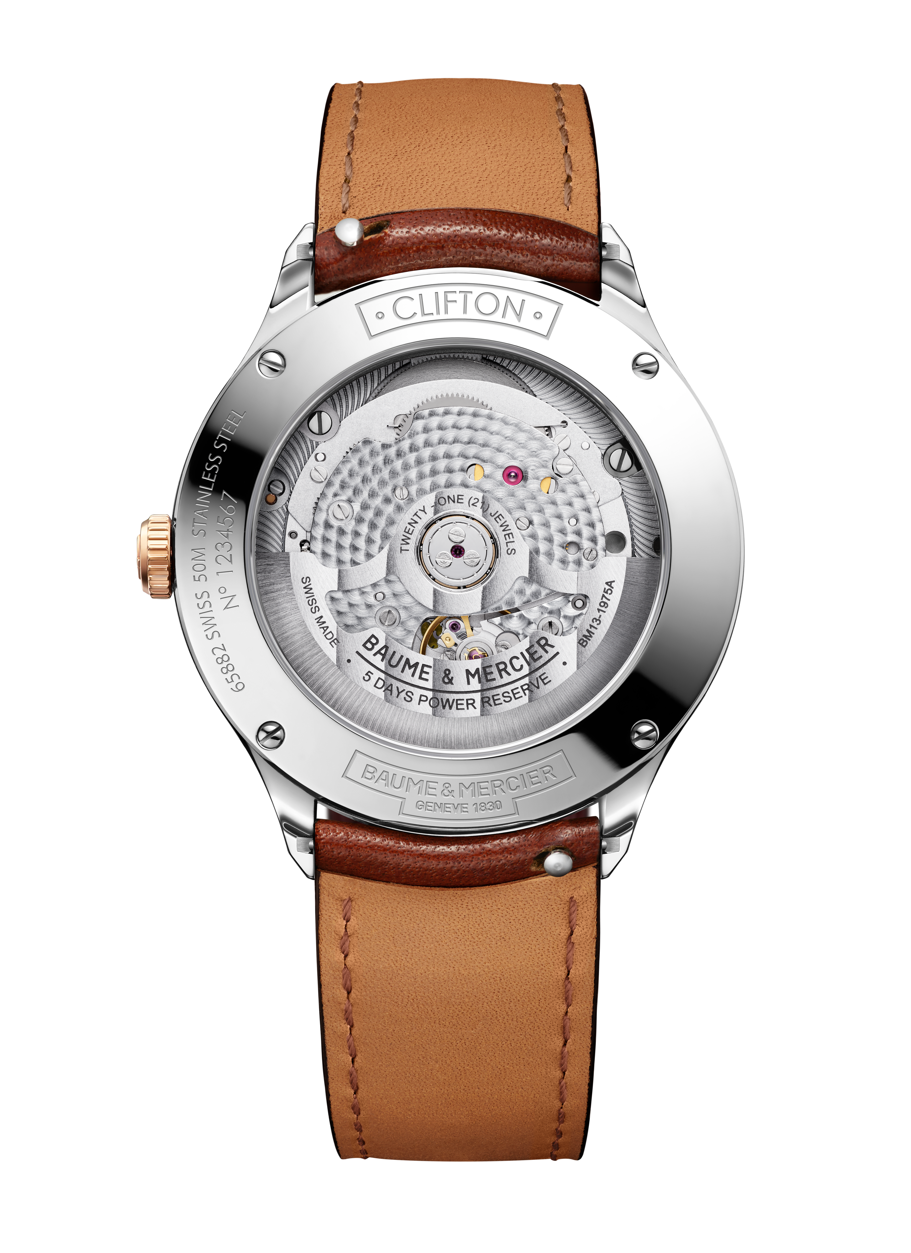 Rückansicht einer silbernen Uhr mit braunem Lederarmband und sichtbarem Uhrwerk mit goldenen Akzenten und Juwelen.