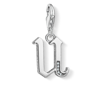 Silbernes Buchstabensymbol 'u' mit funkelnden Steinen und einer Aufhängung.
