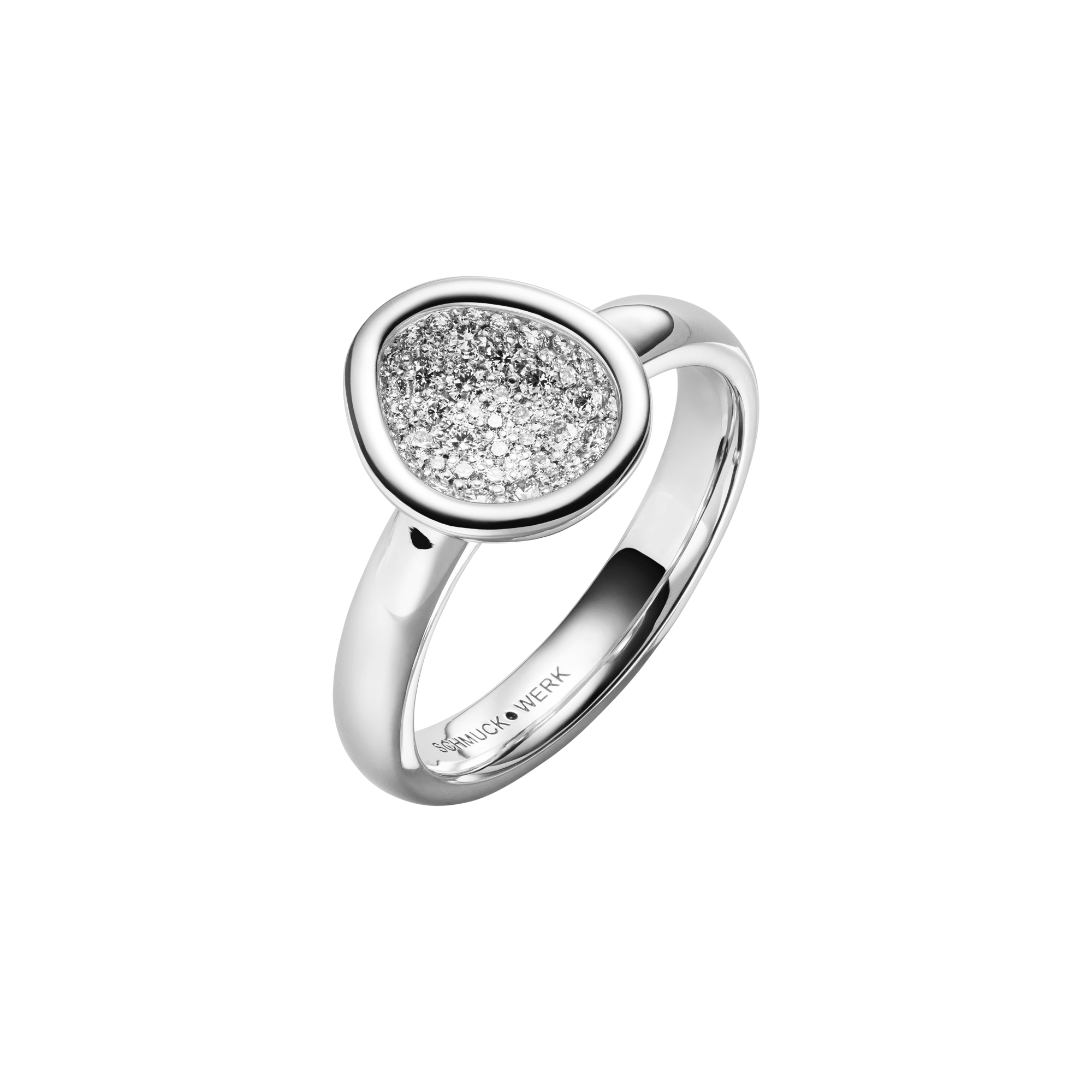 Ein silberfarbener Ring mit einem ovalen, mit Kristallen besetzten Kopf, benannt Schmuckwerk Ring Kristall.