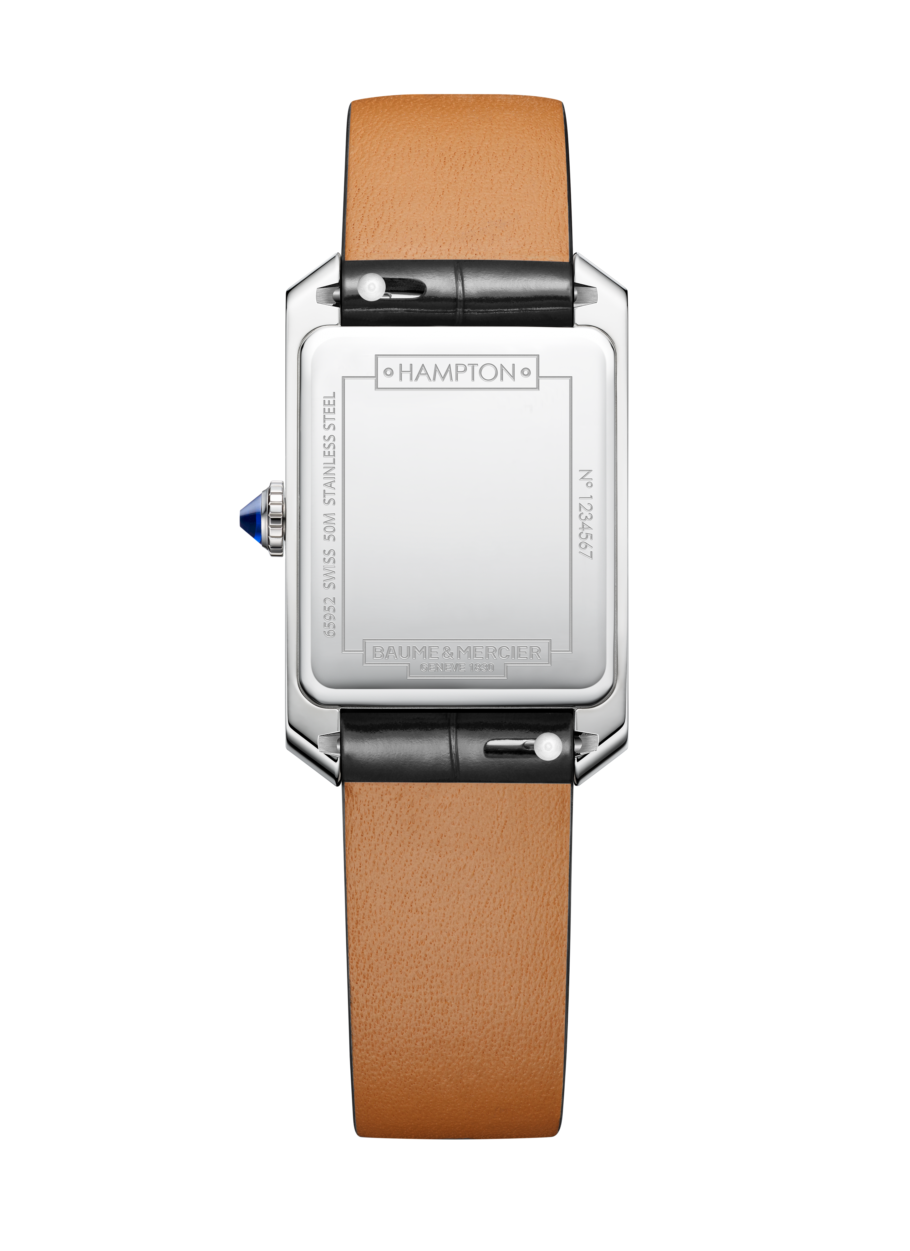 Rückseite einer rechteckigen Uhr mit silbernem Gehäuse, braunem Lederarmband und einem blauen Stein auf der Krone.