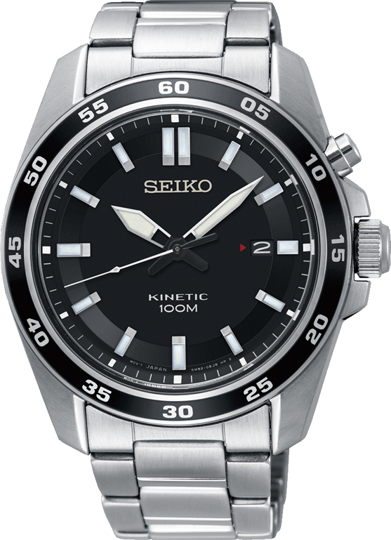Eine elegante Seiko Kinetic Herrenuhr mit einem runden, schwarzen Zifferblatt und einem silbernen Metallarmband.
