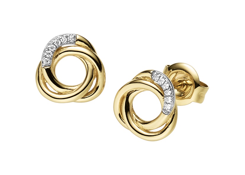 Elegante Ohrstecker mit verschlungenen Ringen und funkelnden Schmucksteinen in einem satinierten Bereich.