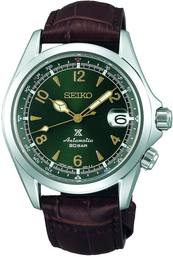 Die Seiko Prospex Alpinist ist eine grüne Automatikuhr mit einem klassischen Zifferblatt und einem braunen Lederarmband.