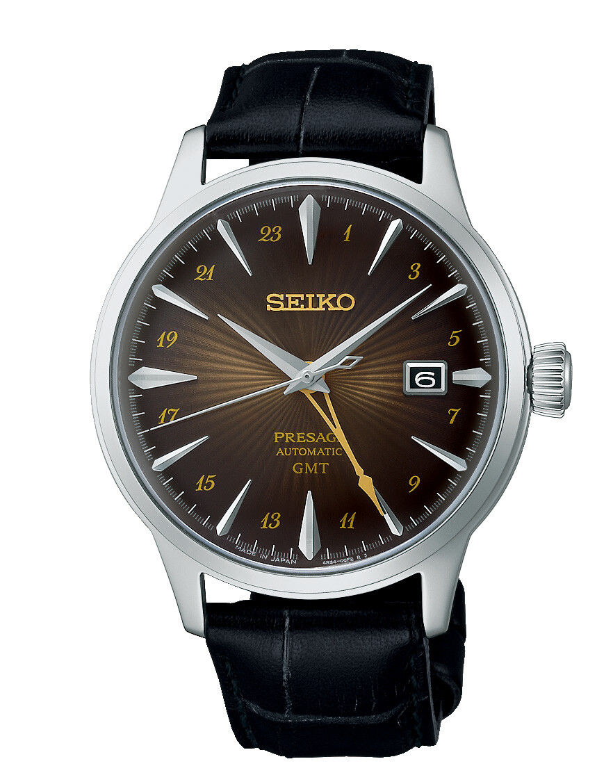 Seiko Presage Automatik Uhr mit einem strahlenförmigen braunen Zifferblatt und einem schwarzen Armband.